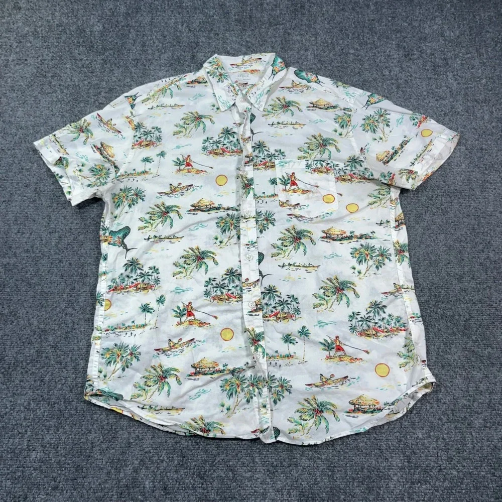 J. Crew Lightweight Chambray Button Down Shirt Mens M Tropical Island AOP White